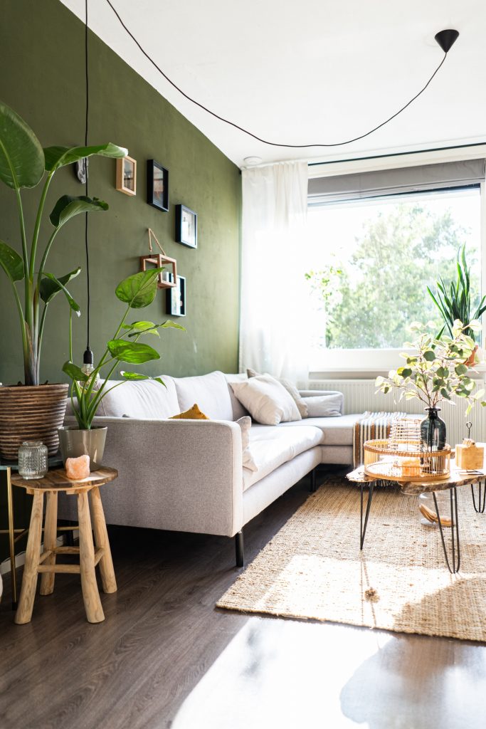 Green statement wall in a living room with a white couch.