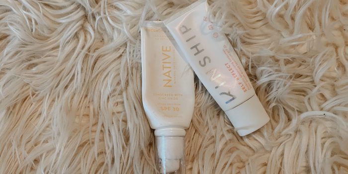 Kinship self-reflect mineral sunscreen and Native mineral sunscreen on white background