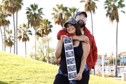 Blogger and DJ Amanda Raye Siguenza in an affordable Bumpsuit dupe for a maternity photoshoot at 20 weeks pregnant with her husband in Long Beach